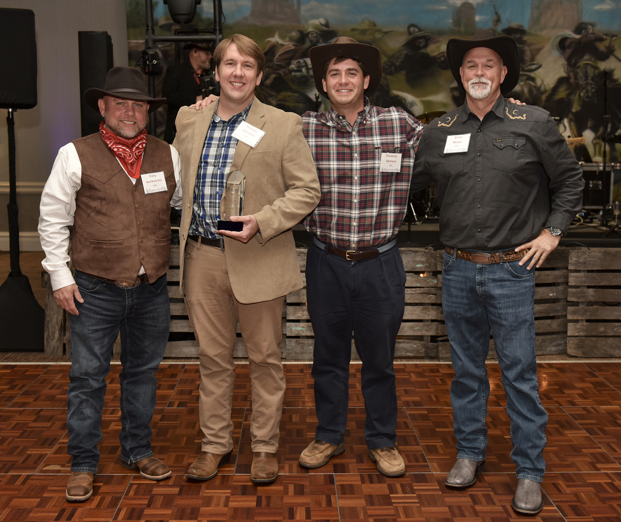 Christian Demere, President and CEO of Colonial Group, Inc., with all recipients of the 2023 Robert H. Demere, Jr. Soaring Eagle Award:
Left to right:
- Cory VanVoorhis, Retail IT Manager for Enmarket (2022 Robert H. Demere, Jr. Soaring Eagle Award recipient)
- Michael Cornaire, Director of Marine Operations for Colonial Oil Industries (2023 Robert H. Demere, Jr. Soaring Eagle Award recipient)
- Christian Demere, President and CEO of Colonial Group, Inc.
- Brian Reiser, General Foreman at Colonial Terminals (2021 Robert H. Demere, Jr. Soaring Eagle Award recipient)
